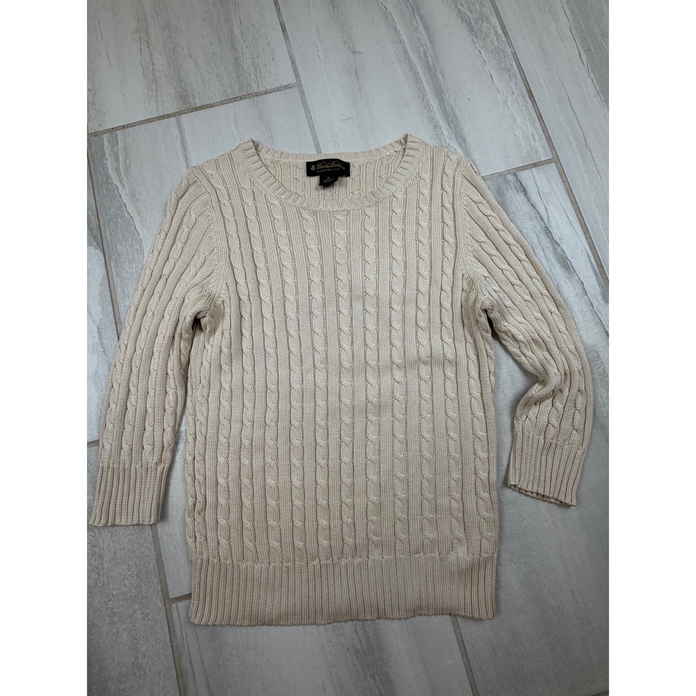 Brooks Brothers 100% Silk Cable Knit Sweater Cream Beige 3/4 Sleeve Womens Med